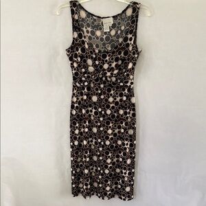 Donna Morgan Brown with Black and Cream Circle Pattern Fitted Midi Dress Size 4